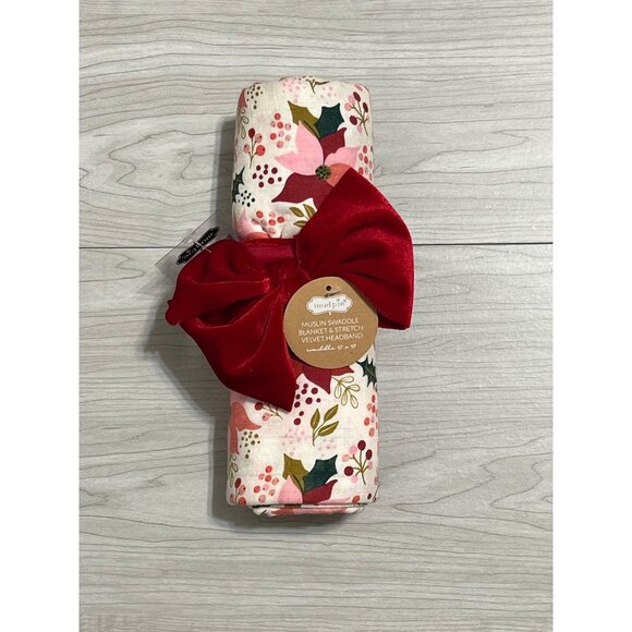 Mud Pie Christmas Muslin Swaddle blanket Red Headband Set Pink Floral poinsettia - Picture 1 of 3